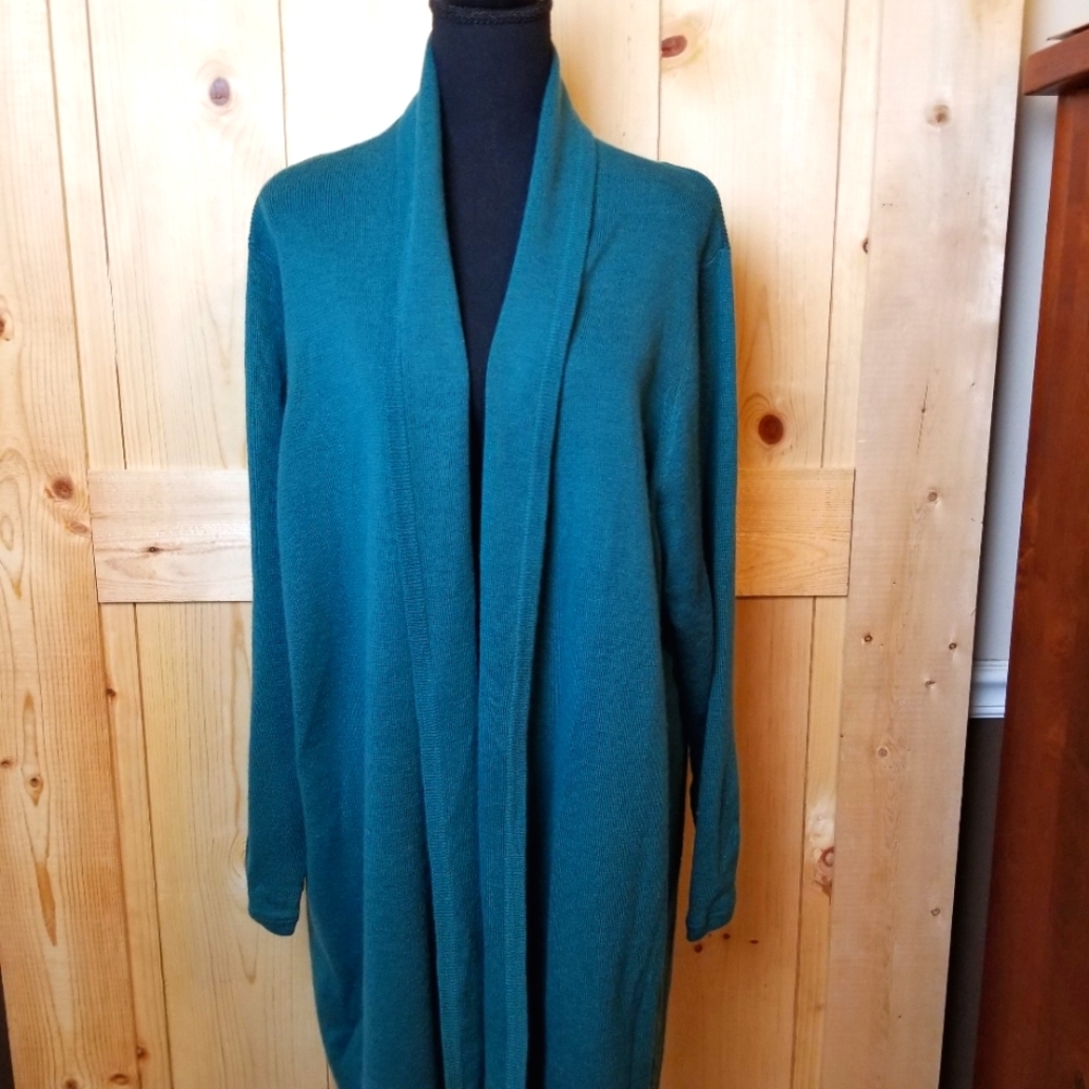 Dialogue Merino Wool Blend Open Front Long Cardigan Sweater